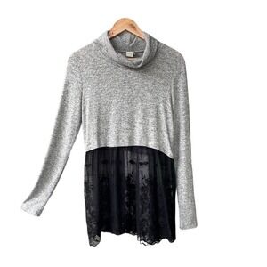Paper Crane Sweater Top Cowl Neck Lace Hem Heather Gray Black Boho Size Small